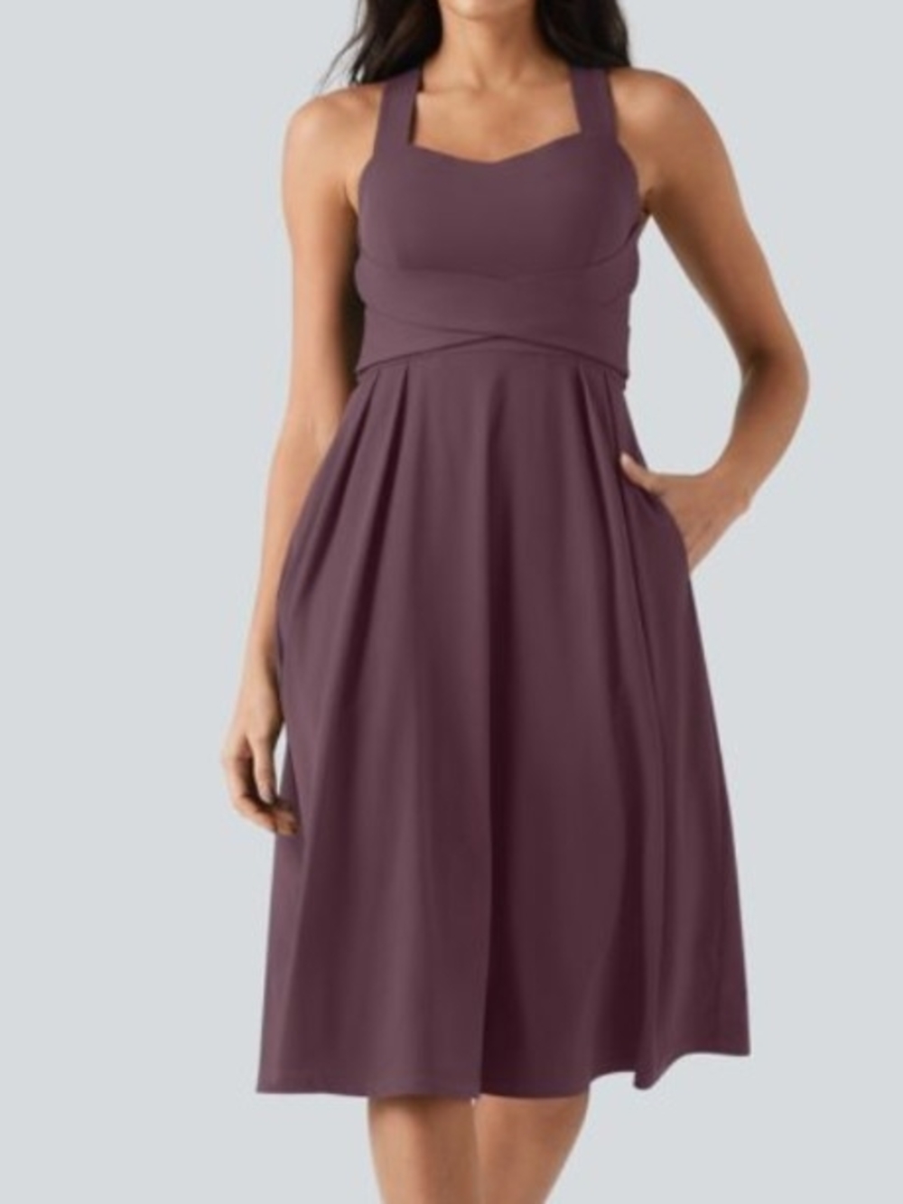 HALARA Mauve Purple Midi Dress with Square Neck and Wide Straps